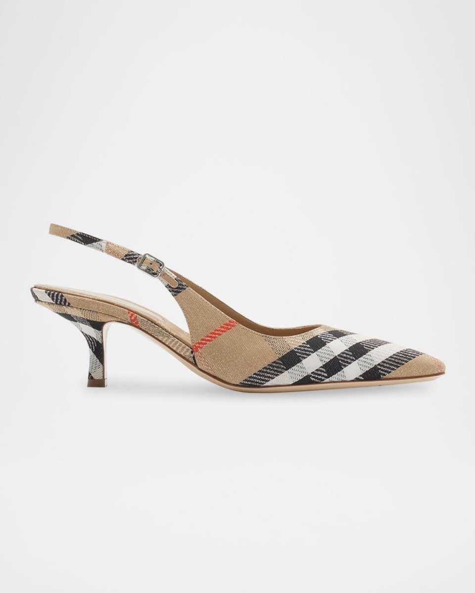 Birdie Metallic Check Slingback Kitten-Heel Pumps